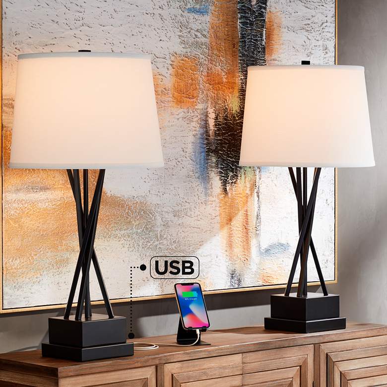 Image 1 Possini Euro Design Neva Black Finish Modern USB Table Lamps Set of 2