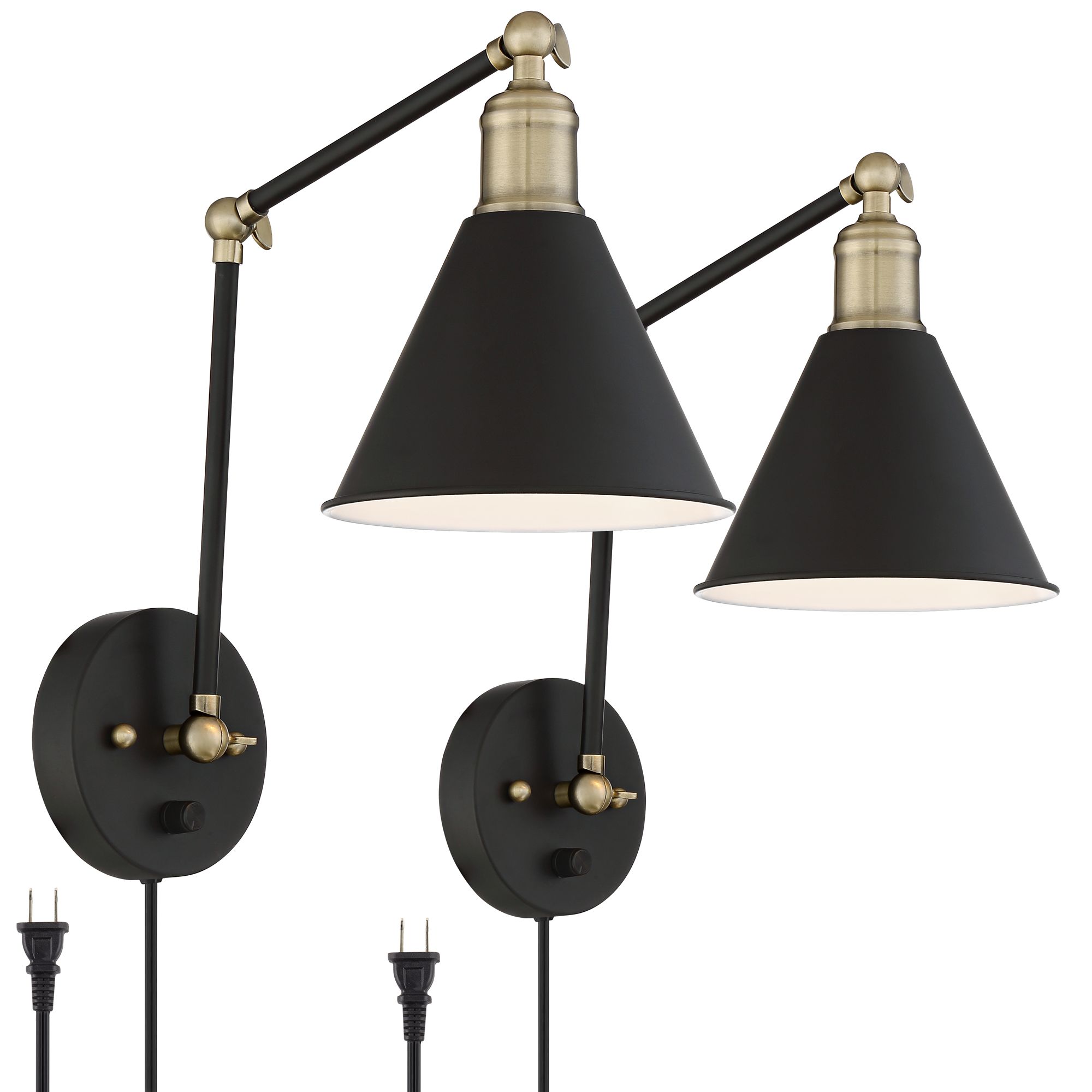 Image 3 Possini Euro Design Wray Black/Antique Brass Plug-In Wall Lamps Set of 2