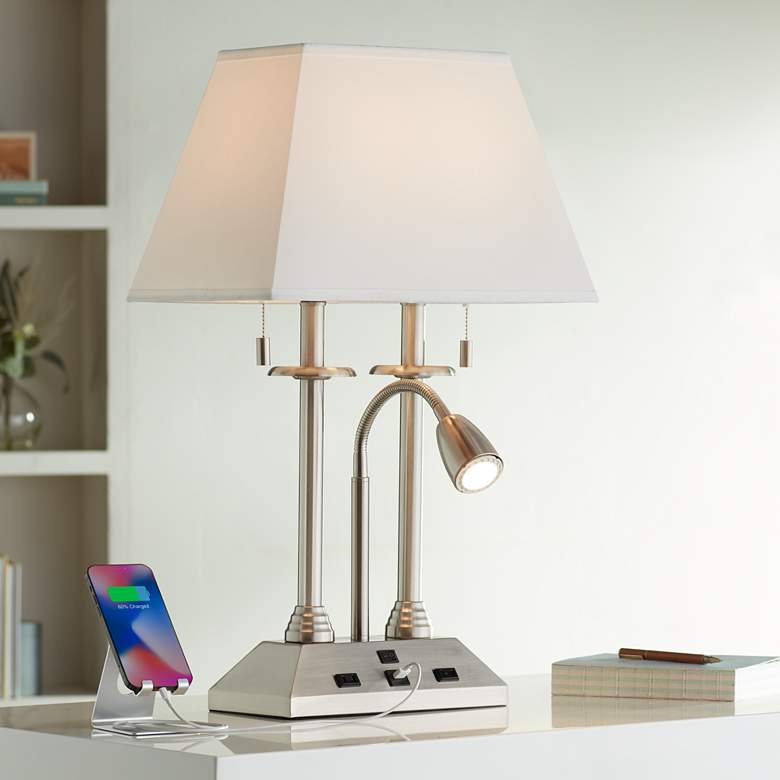 Image 1 Possini Euro Dexter 26" Nickel Desk Lamp with USB Ports and Outlets