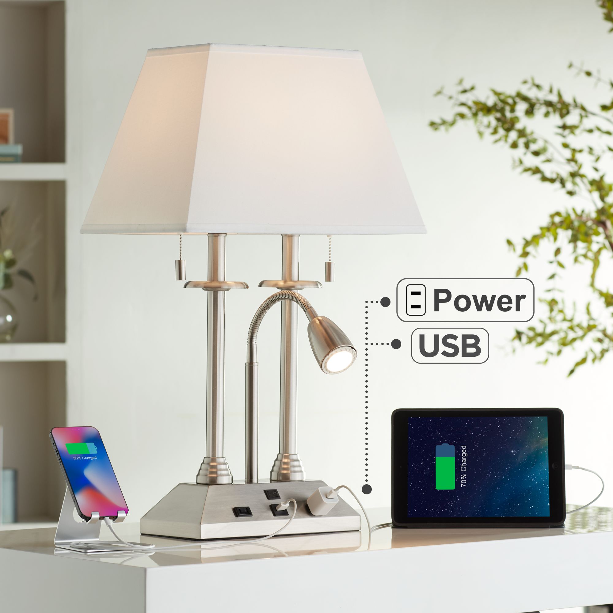 Possini Euro Dexter 26" Nickel Desk Lamp with USB Ports and Outlets