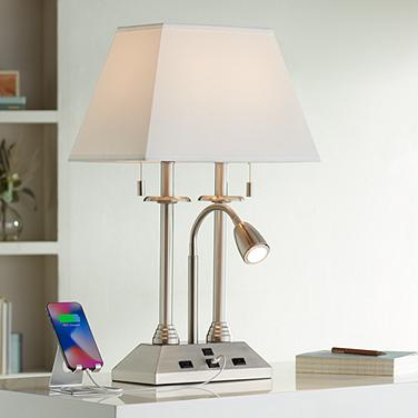 Possini Euro Dexter 26" Nickel Desk Lamp with USB Ports and Outlets