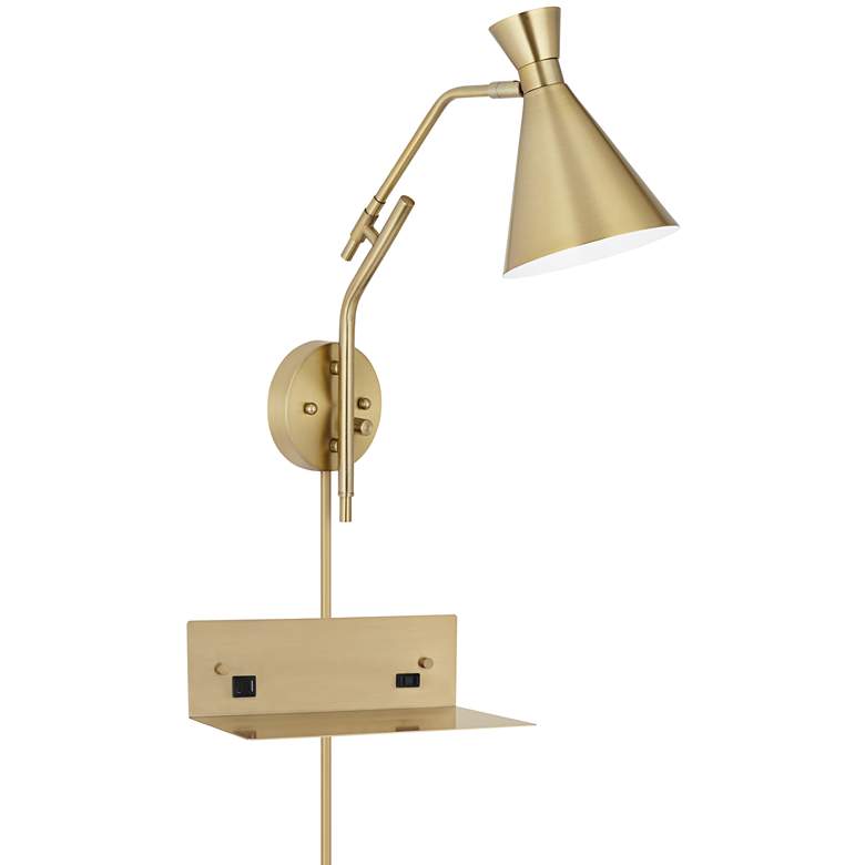 Image 1 Possini Euro Diva Gold Plug-In Wall Lamp with USB-Outlet Wall Shelf