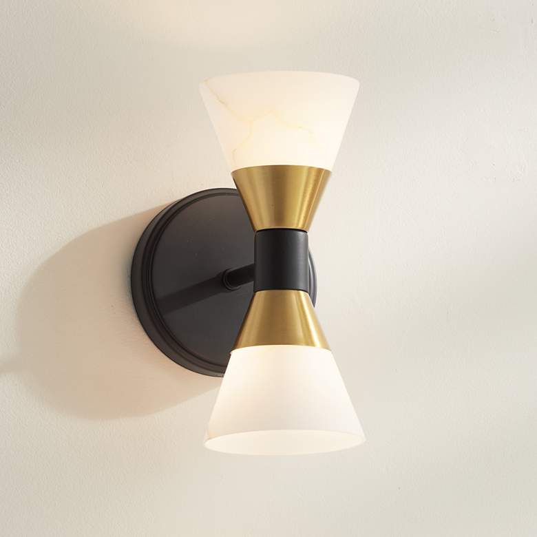 Image 1 Possini Euro Domino 9 1/2"H Black and Brass 2-Light Wall Sconce