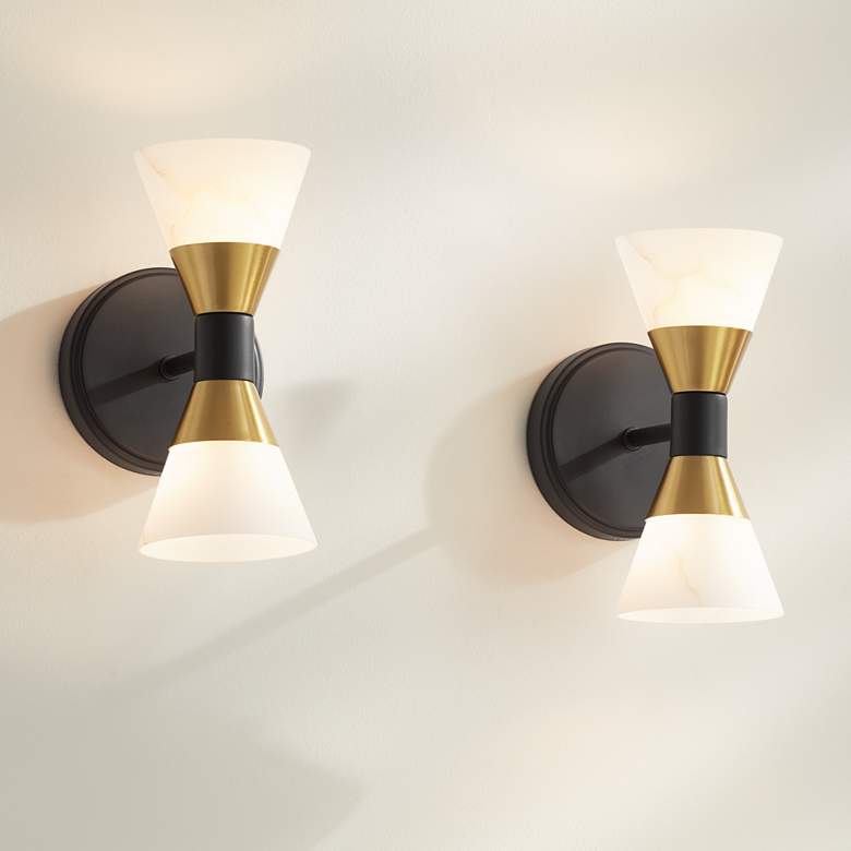 Image 1 Possini Euro Domino 9 1/2"H Black Brass 2-Light Wall Sconce Set of 2