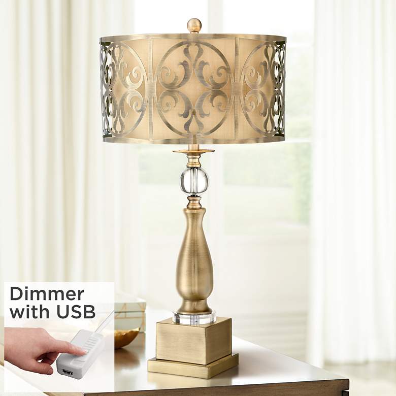 Image 1 Possini Euro Doris Brass Candlestick Table Lamp with Dimmer with USB Port