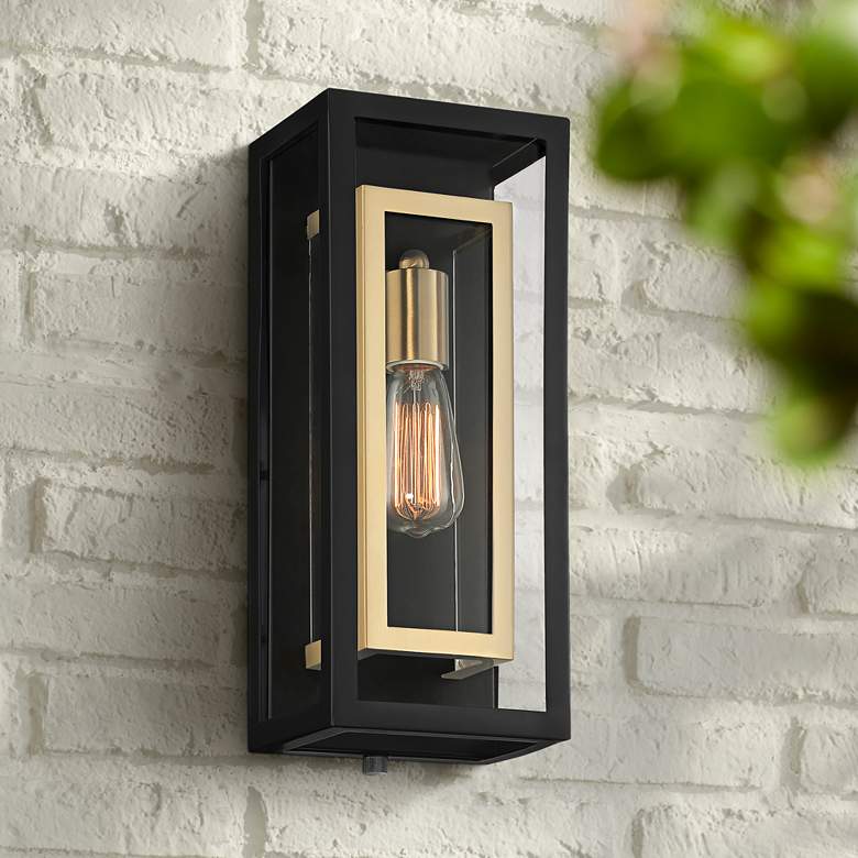 Image 1 Possini Euro Double Box 15 1/2 inch Black and Brass Outdoor Wall Light