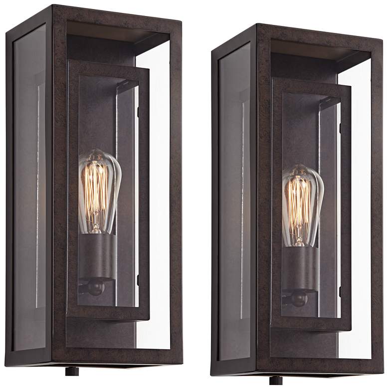 Image 2 Possini Euro Double Box 15 1/2" Bronze Outdoor Wall Lights Set of 2