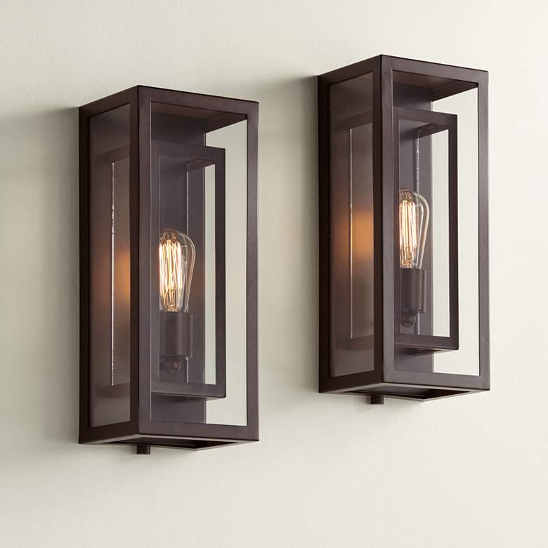 Image 1 Possini Euro Double Box 15 1/2" High Glass and Bronze Sconces Set of 2
