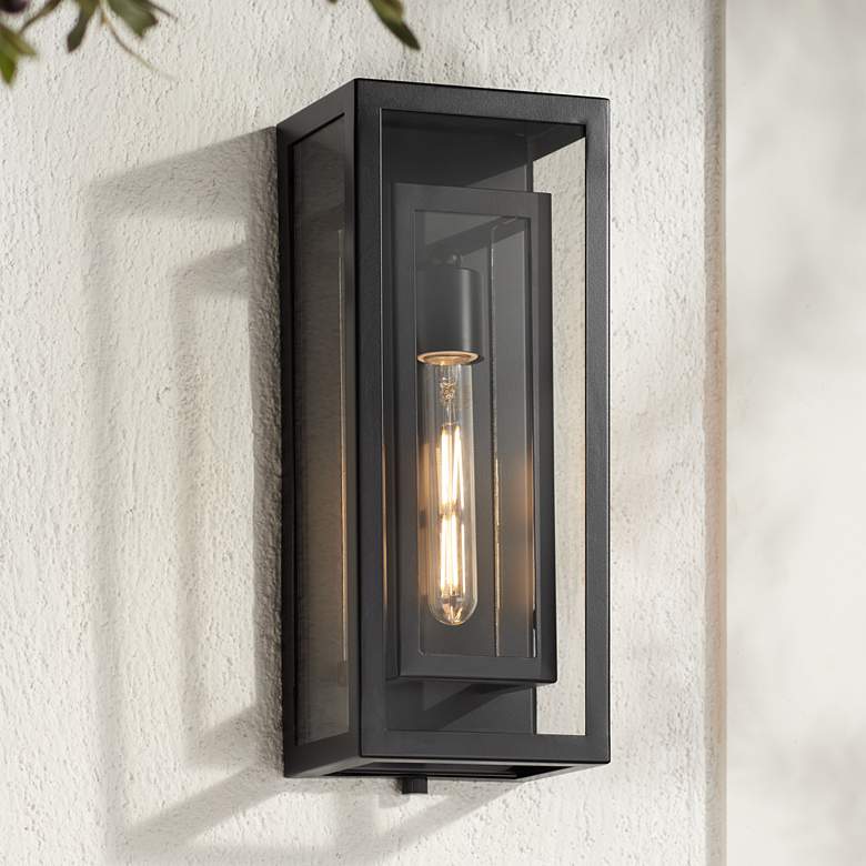 Image 1 Possini Euro Double Box 16 1/4 inch Black and Glass Outdoor Wall Light