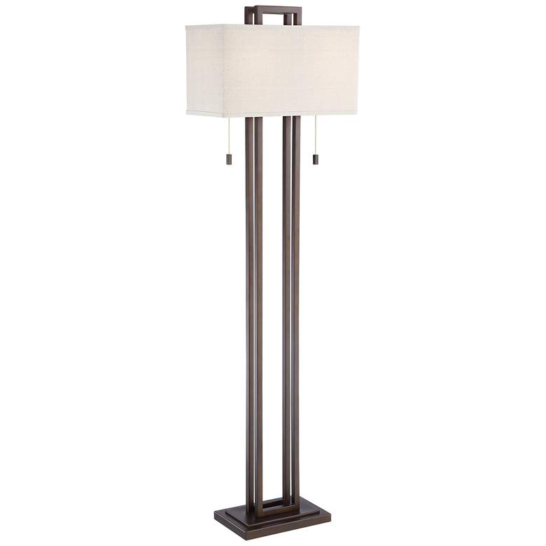 Image 2 Possini Euro Double Tier 62 inch Pull Chain Linen Shade Bronze Floor Lamp