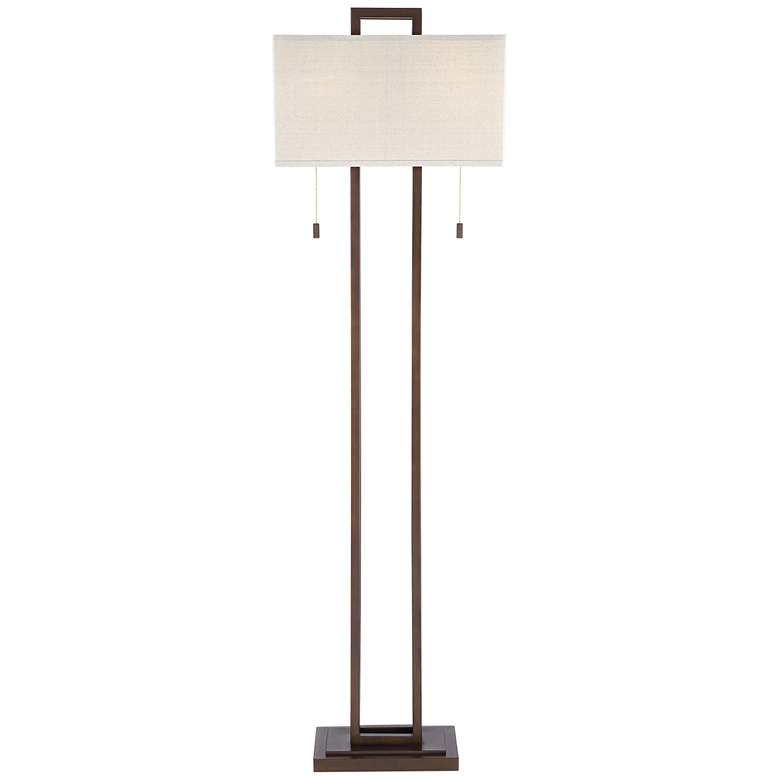 Image 7 Possini Euro Double Tier 62" Pull Chain Linen Shade Bronze Floor Lamp more views