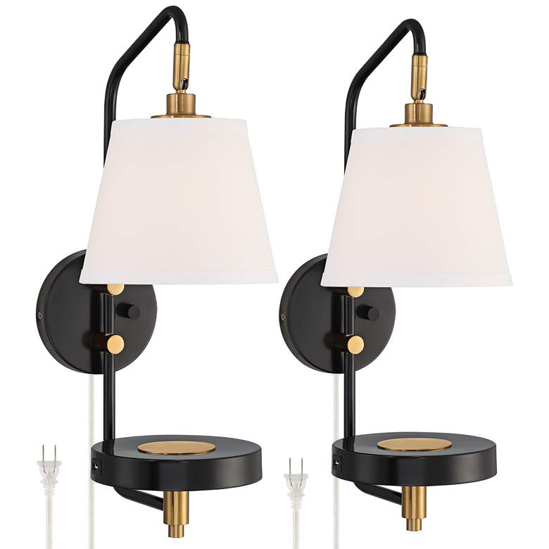Image 2 Possini Euro Dyna Set of 2 Plug-In Wall Lamps with Shelf and USB Port