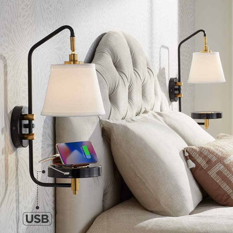 Image 1 Possini Euro Dyna Set of 2 Plug-In Wall Lamps with Shelf and USB Port