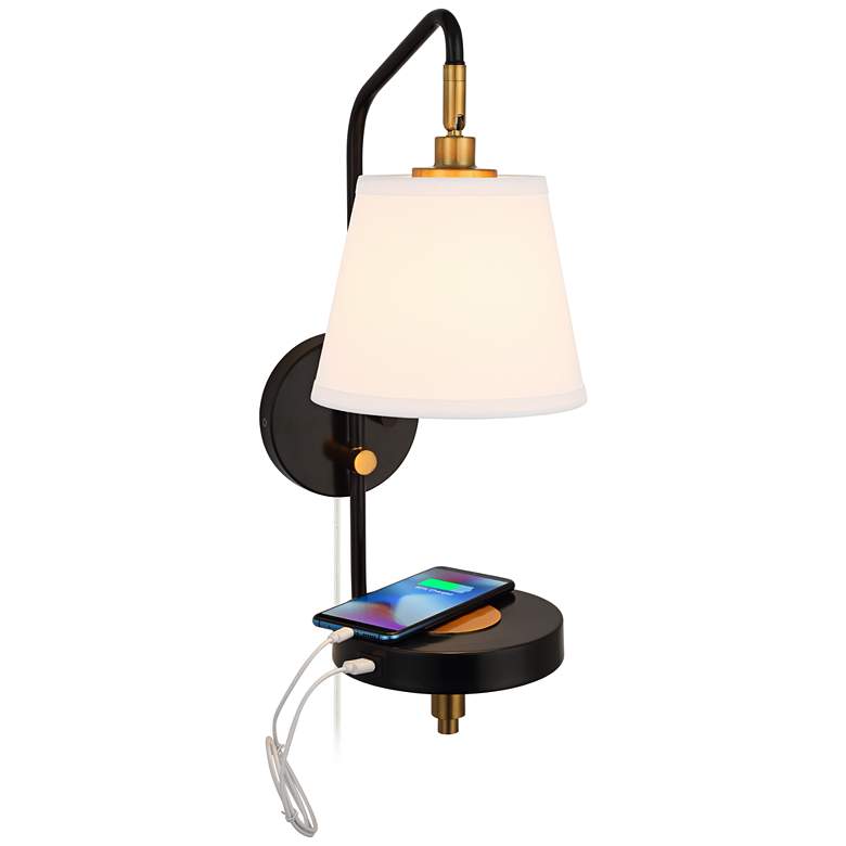 Image 3 Possini Euro Dyna Set of 2 Plug-In Wall Lamps with Shelf and USB Port more views