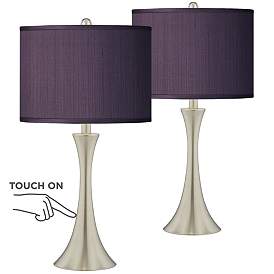 Image1 of Possini Euro Eggplant Faux Silk and Nickel Touch Table Lamps Set of 2