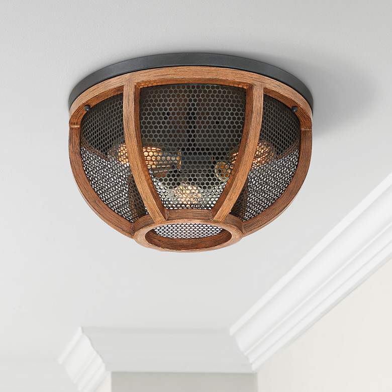 Image 1 Possini Euro Eleri 13" Wide Wood and Mesh Dome Ceiling Light