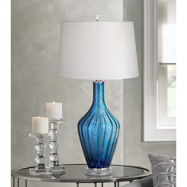 Image 1 Possini Euro Elin 29" Blue Fluted Art Glass Table Lamp