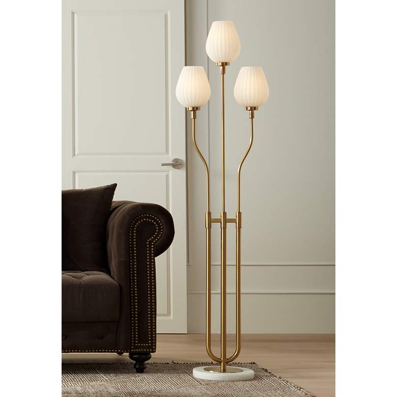 Image 1 Possini Euro Elita 3-Light Tree Floor Lamp Warm Gold with White Marble Base