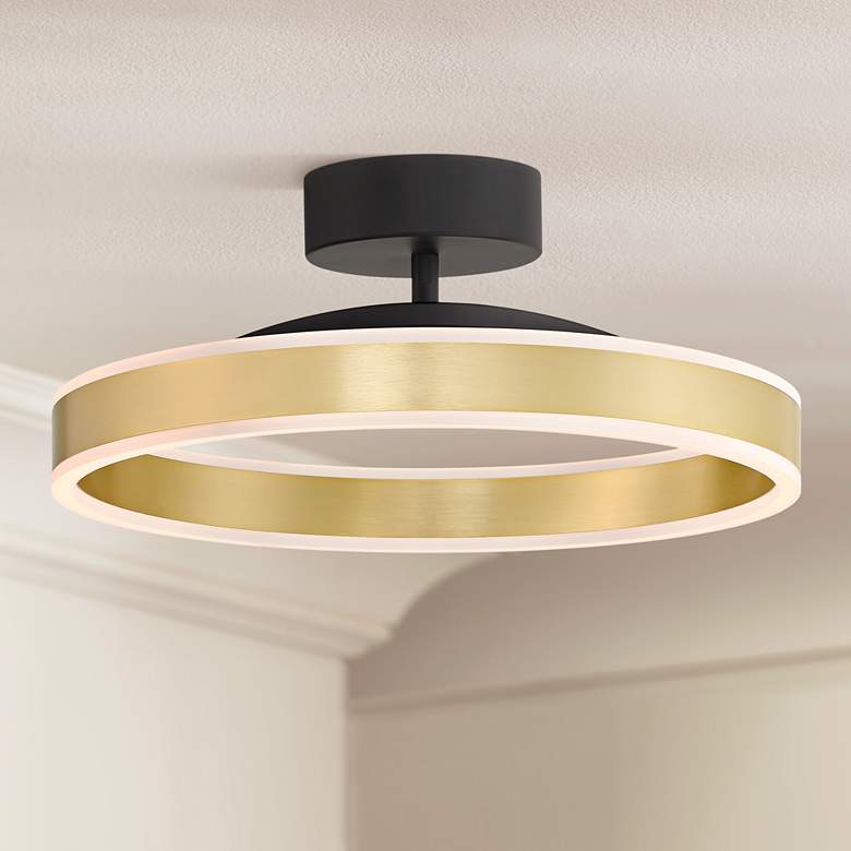 Image 1 Possini Euro Eliza 16" Black and Brass Modern LED Ring Ceiling Light