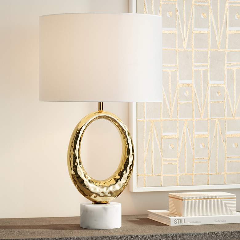 Image 1 Possini Euro Elliptical Marble and Gold Modern Table Lamp with Dimmer