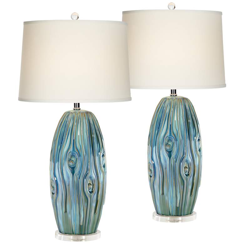 Image 2 Possini Euro Eneya 31 inch Blue-Green Ceramic Table Lamps Set of 2