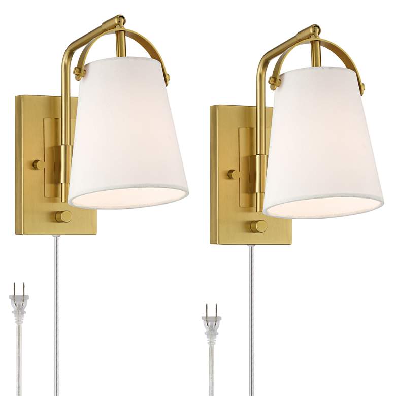 Image 2 Possini Euro Erica 11" High Antique Brass Plug-In Wall Sconce Set of 2