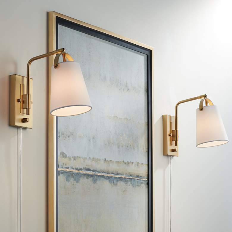 Image 1 Possini Euro Erica 11" High Antique Brass Plug-In Wall Sconce Set of 2