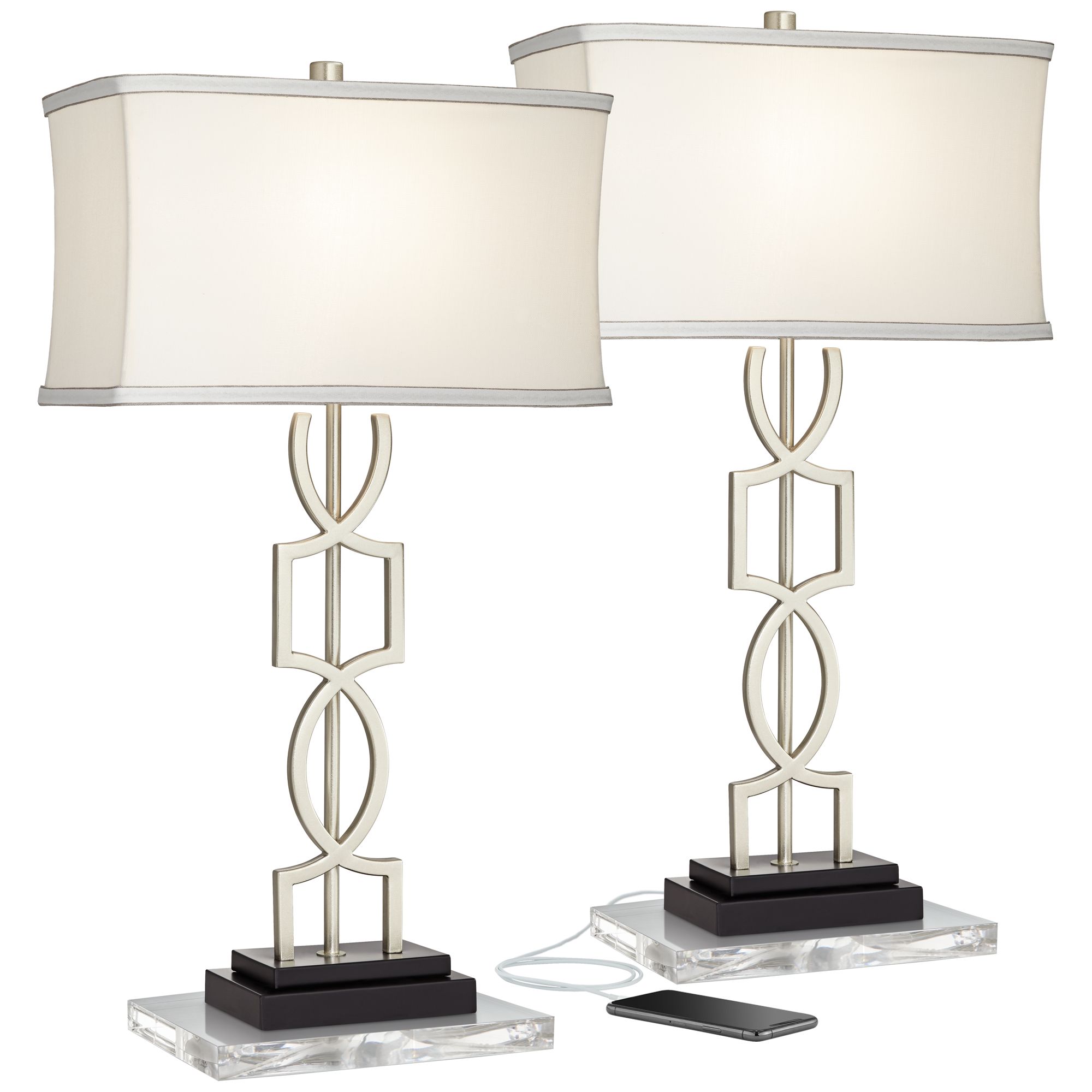 Possini Euro Evan Brushed Nickel USB Lamps with Acrylic Risers Set of 2