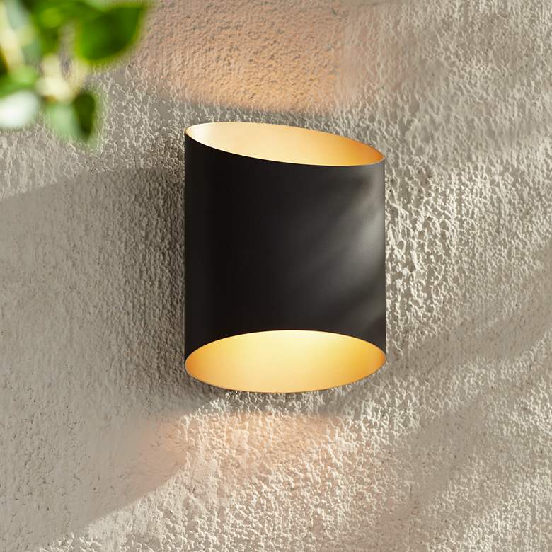 Image 1 Possini Euro Everard 10" High Black and Gold LED Outdoor Wall Light