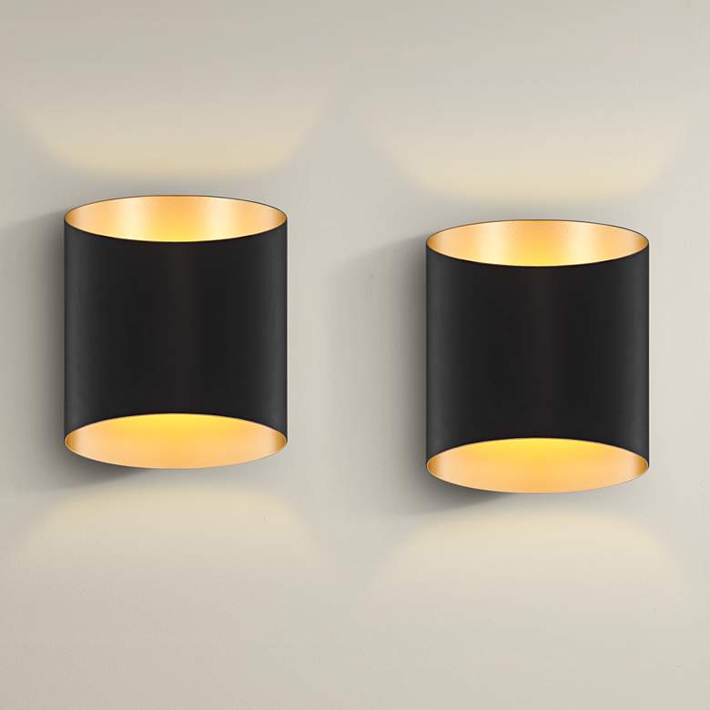 Image 1 Possini Euro Everard 10" High Black and Gold LED Wall Sconce Set of 2