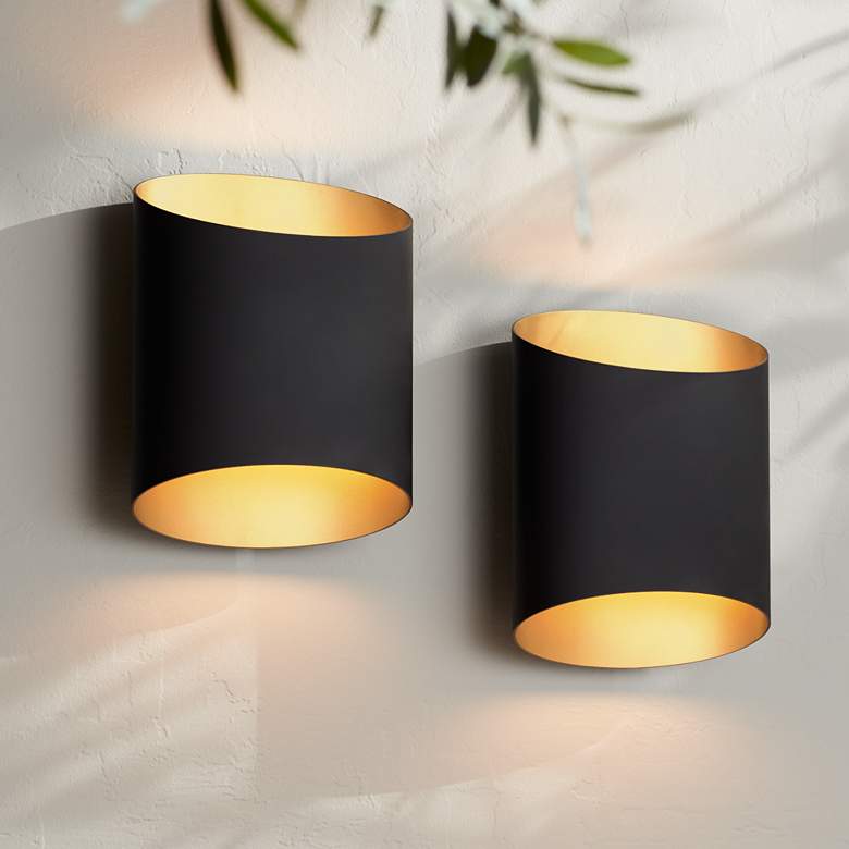 Image 1 Possini Euro Everard 10"H Black Gold LED Outdoor Wall Light Set of 2