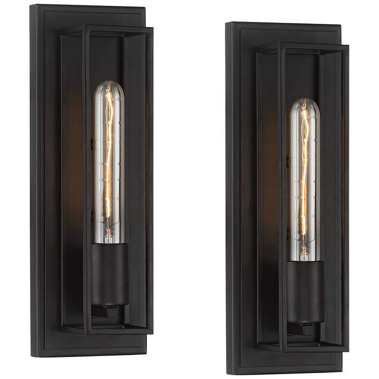 Image 2 Possini Euro Faizah 13 1/2" High Bronze Box Wall Sconce Set of 2