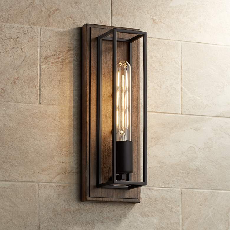 Image 1 Possini Euro Faizah 13 1/2" High Wood Grain Box Wall Sconce