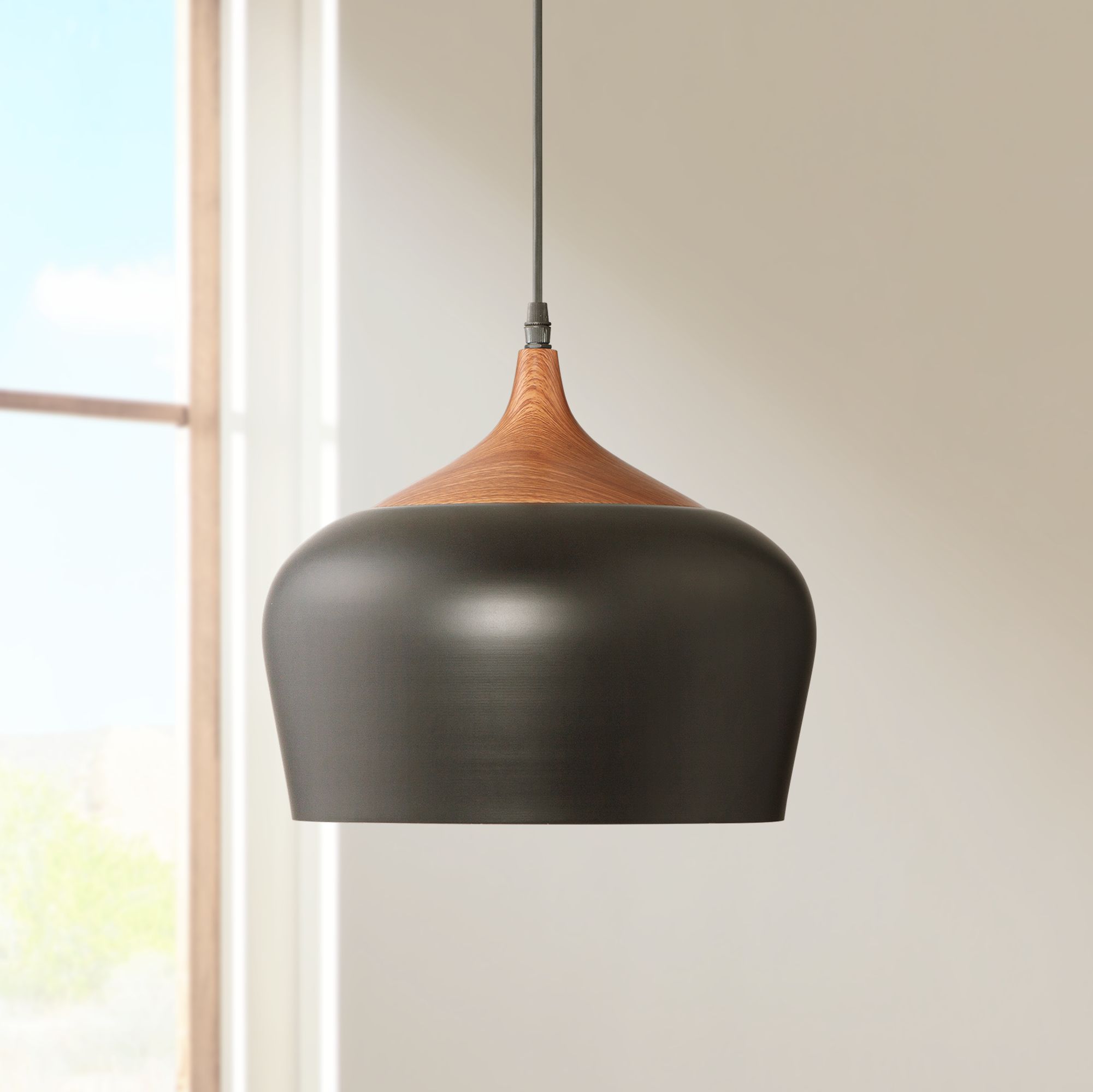 black and wooden pendant lights