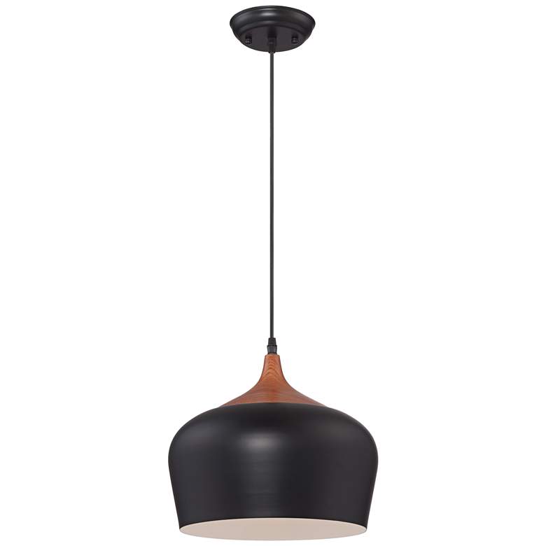 Image 7 Possini Euro Felton 12" Wide Black and Faux Wood Modern Mini Pendant more views