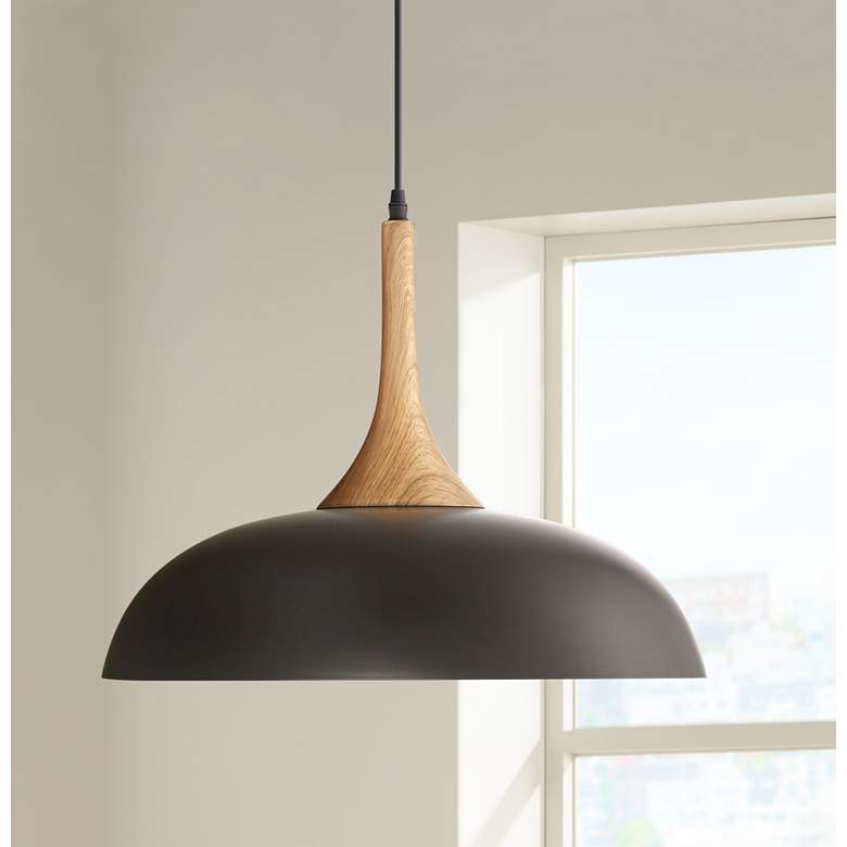 Image 2 Possini Euro Felton 17 3/4" Black and Wood Finish Modern Dome Pendant