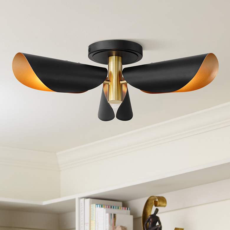 Image 1 Possini Euro Finn 18" Wide 3-Light Black Gold Modern Ceiling Light
