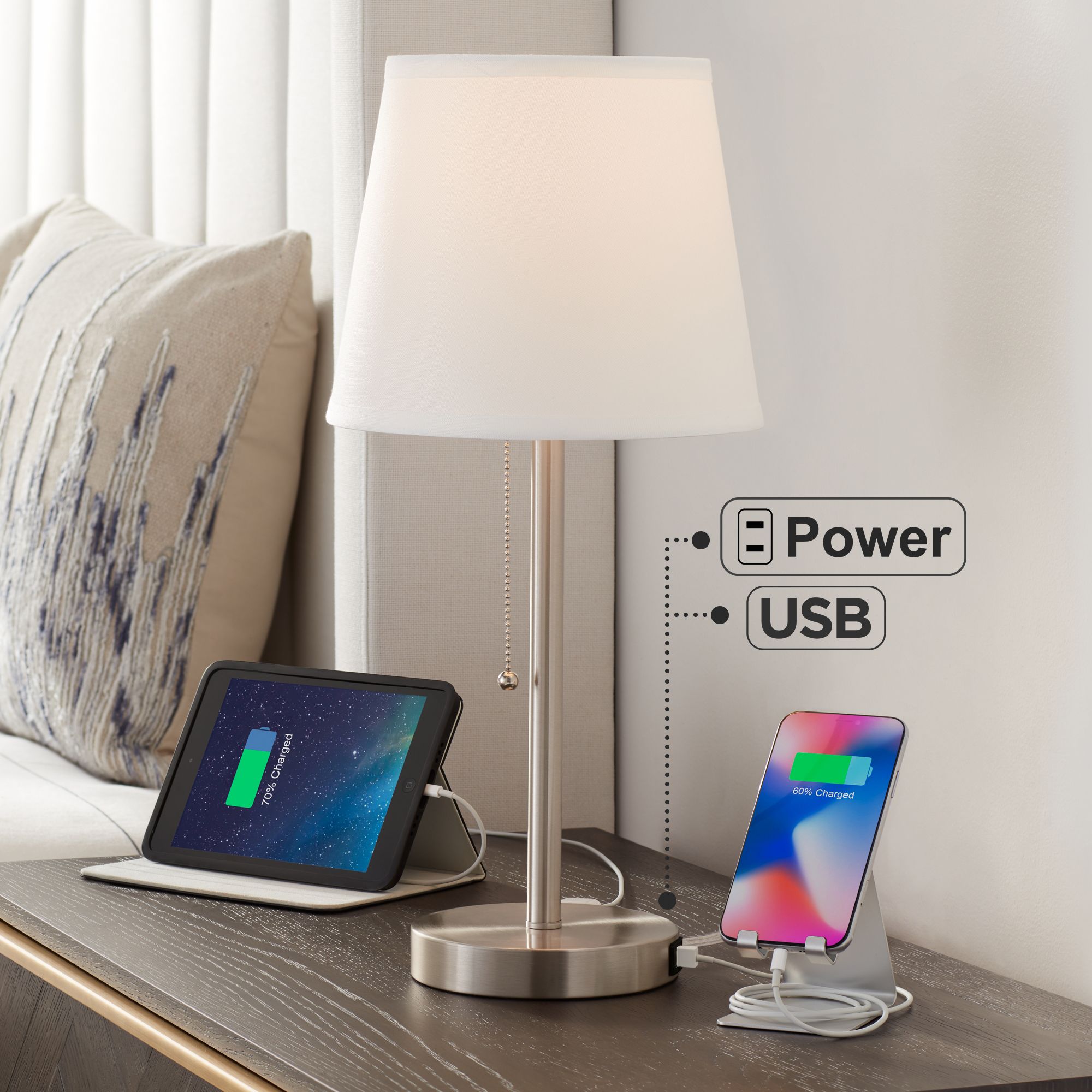 Possini Euro Flesner 20" High Brushed Nickel Outlet and USB Table Lamp