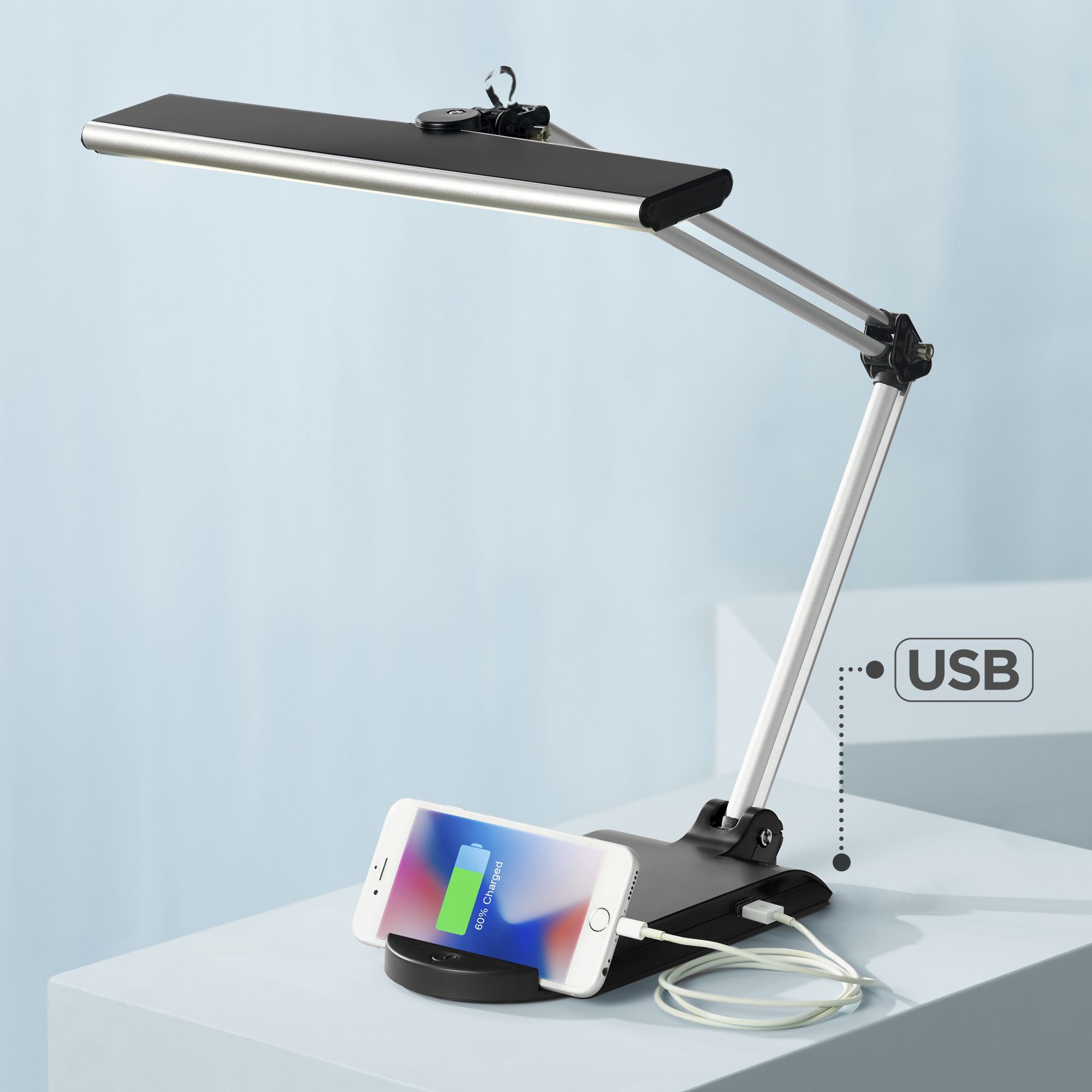 Possini Euro Flynn Adjustable LED Desk Lamp with USB Port and Phone Cradle
