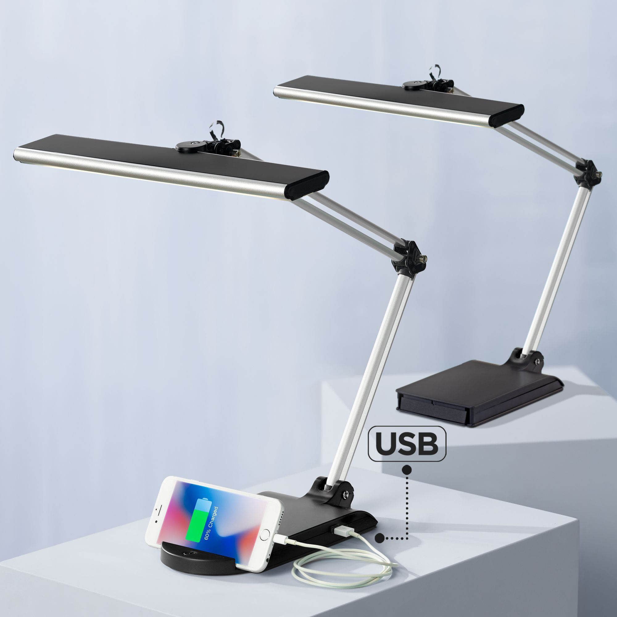 Possini Euro Flynn Black Silver Adjustable LED USB Desk Lamps Set of 2