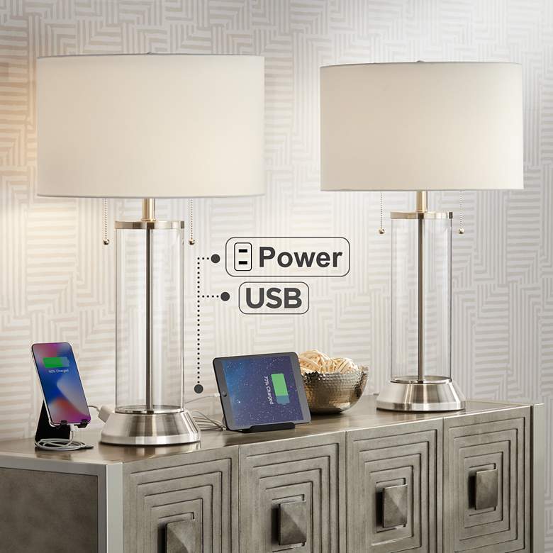 Image 1 Possini Euro Fritz 26 1/2" Glass Column USB Table Lamps Set of 2