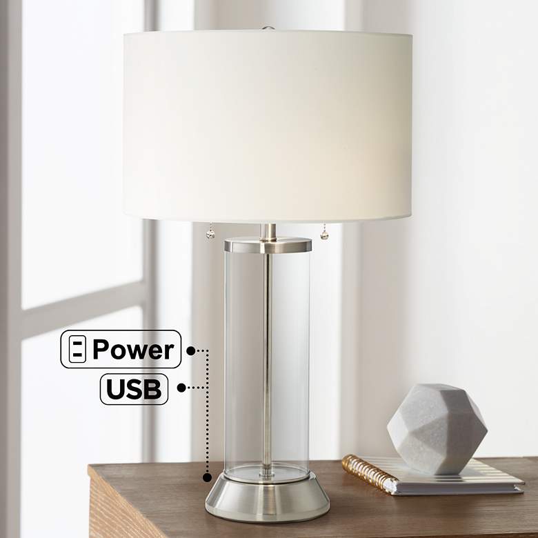 Image 1 Possini Euro Fritz Glass Column Table Lamp with USB Port and Outlet