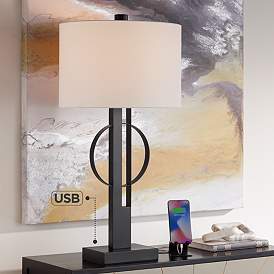 Image1 of Possini Euro Galaxy 32" High Black Geometric Base Dual USB Table Lamp