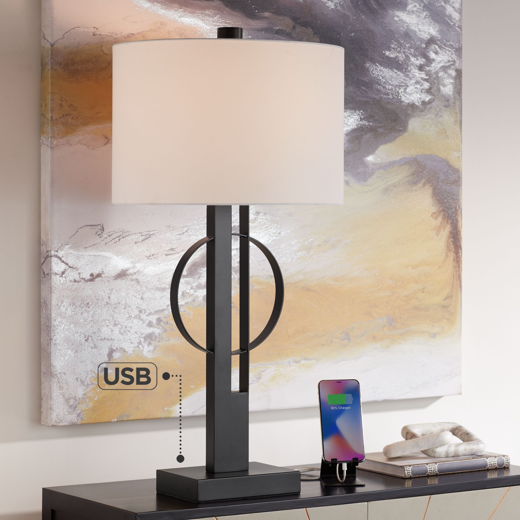 Watch A Video About the Possini Euro Galaxy Black Geometric Base Dual USB Table Lamp