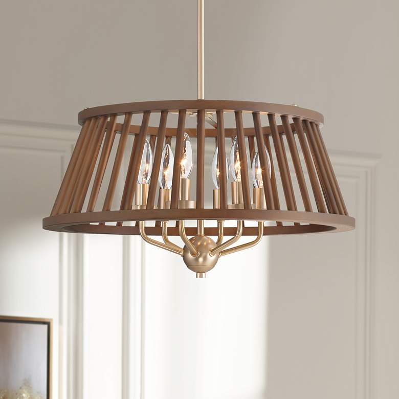 Image 1 Possini Euro Givens 19 3/4" Wide Satin Bronze and Wood 6-Light Pendant