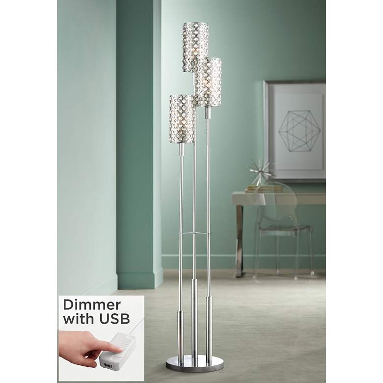 Image 1 Possini Euro Glitz Crystal and Chrome 3-Tier Floor Lamp with USB Dimmer