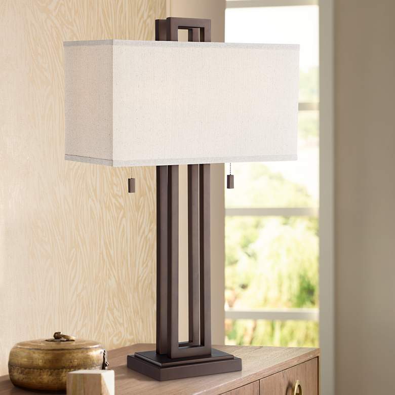 Image 1 Possini Euro Gossard 30 inch Double Rectangle Pull Chain Bronze Table Lamp