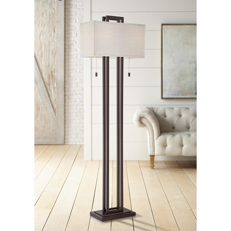 Image 1 Possini Euro Gossard 62" Pull Chain Linen Shade Bronze Floor Lamp
