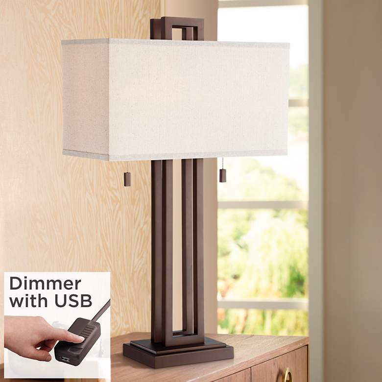 Image 1 Possini Euro Gossard Double Rectangle Bronze Lamp with USB Dimmer Cord