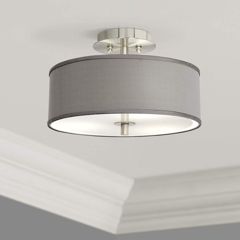 Image 1 Possini Euro Gray Faux Silk 14" Wide Ceiling Light